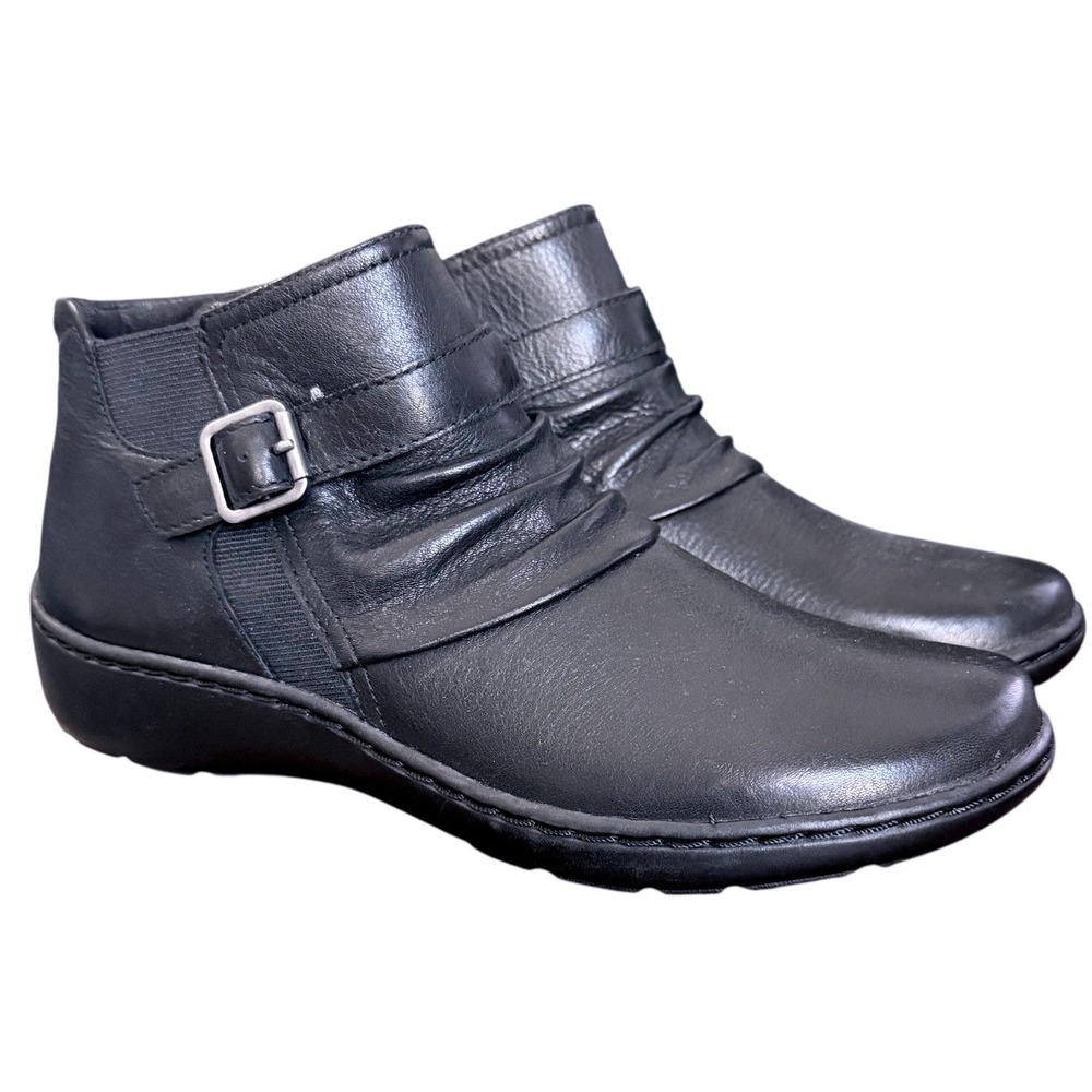 Clarks Womens 7.5 Black Leather Flat Cora Rouched Ankle Bootie‎ Boots